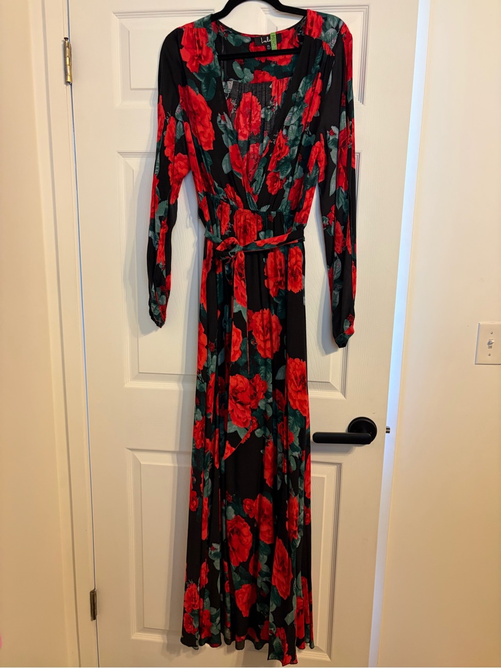 Lulu's Black Maxi Wrap Dress with Red Roses and Green Leaves - Picture 4 of 6